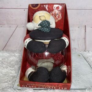 Ricks Cafe Handcrafted Plush doll Glass Cookie Jar Christmas Santa